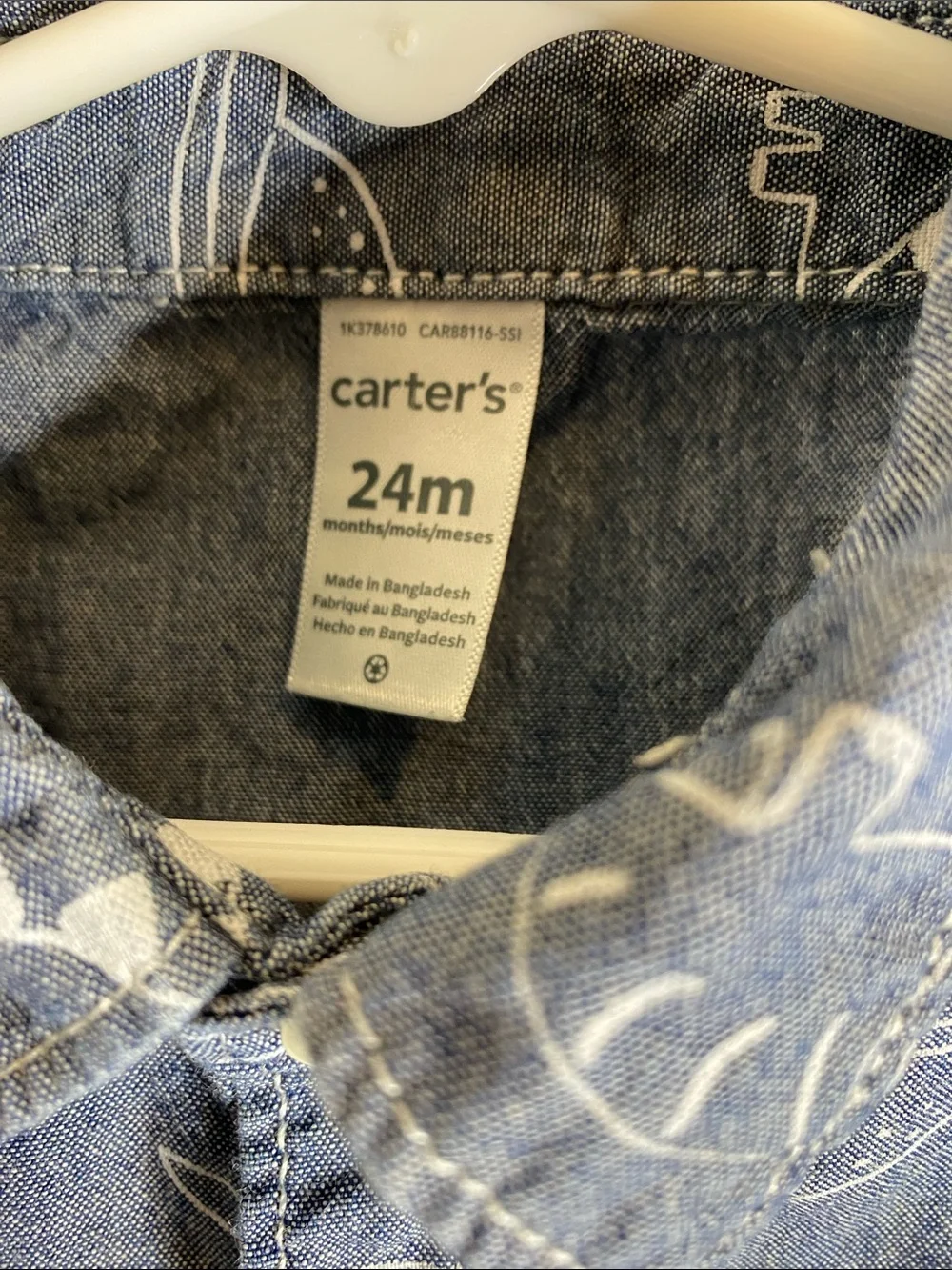 Carter's Chambray Style Blue Short Sleeve Dinosaur Print Button Up Shirt